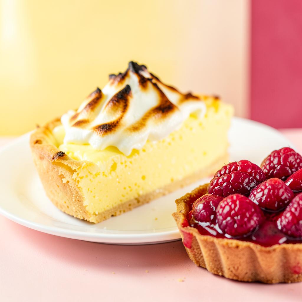 Lemon meringue pie slice beside a raspberry tart